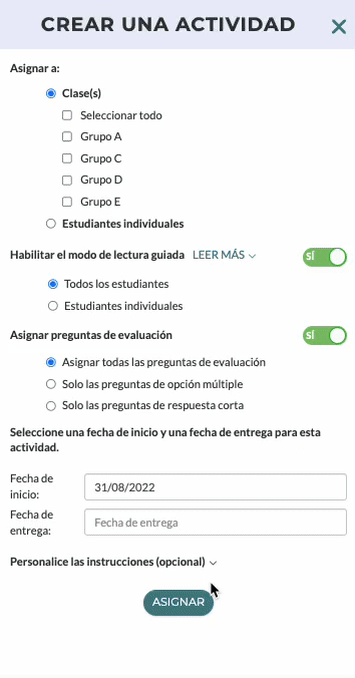 Esta imagen muestra el panel de asignación de un texto. Ya Actividad de anotación pide al estudiante: Mientras lees, utiliza la herramienta de Anotaciones para subrayar evidencia sobre las causas y efectos de lo que la autora llama "historia única".