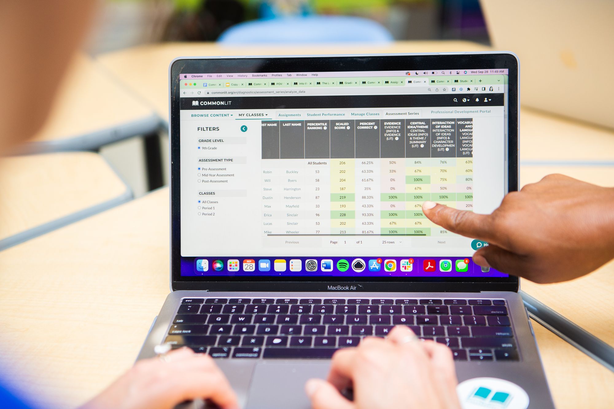 Chart with student test data on it and a finger pointing to the screen