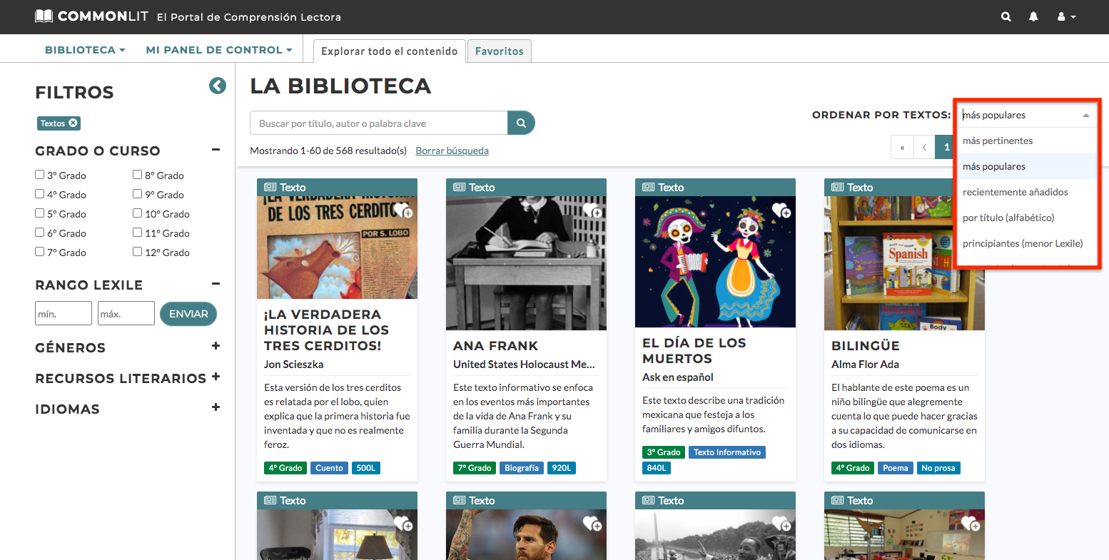 The Spanish library, with the text ordering drop down menu boxed in red.