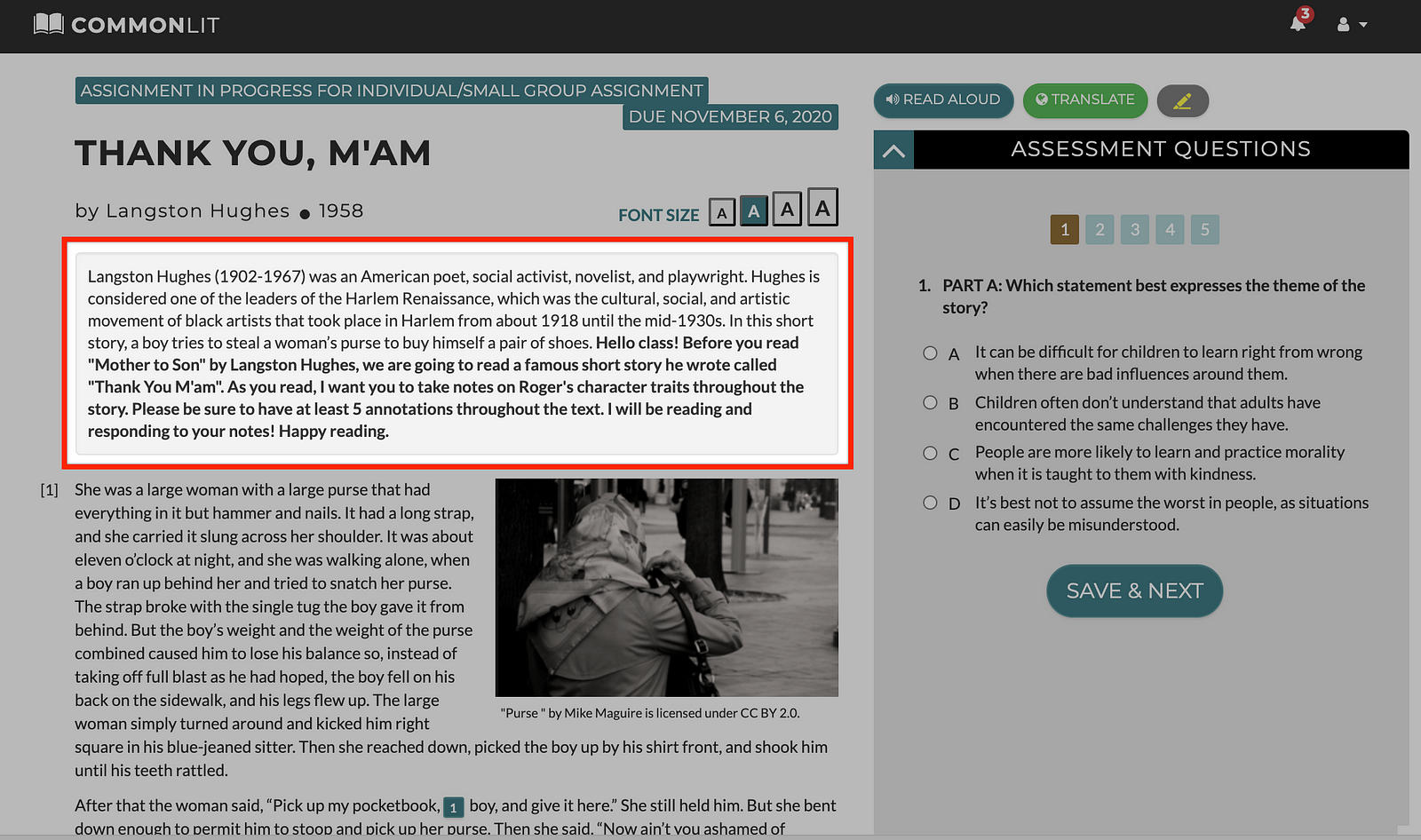 A student view of a CommonLit lesson with an edited annotation prompt boxed in red.