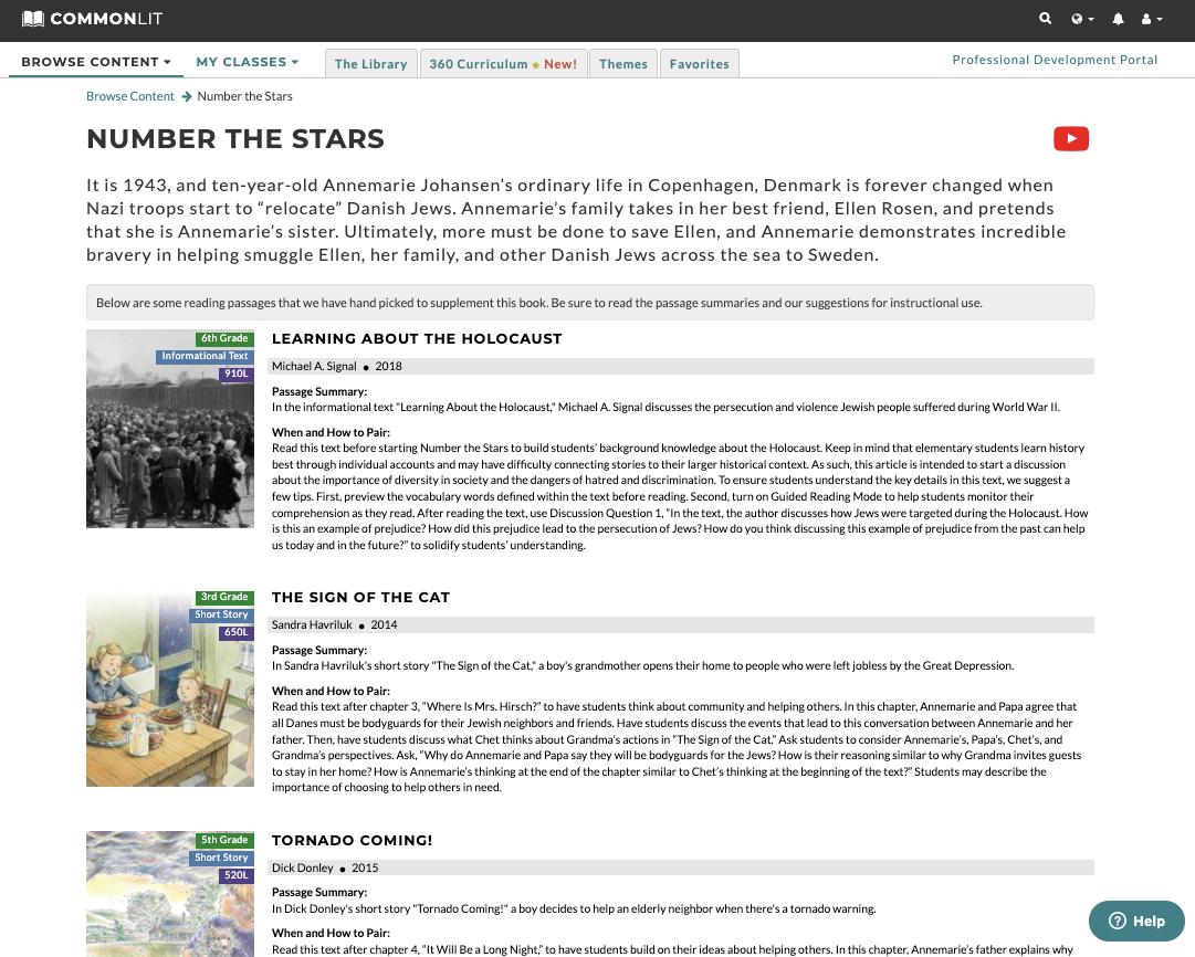 CommonLit's book pairings for the novel Number the Stars.