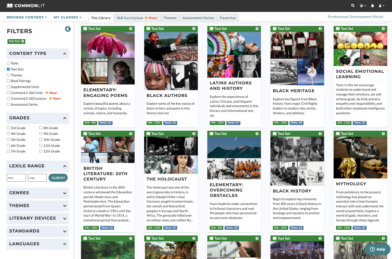 CommonLit's library filtered for text sets.