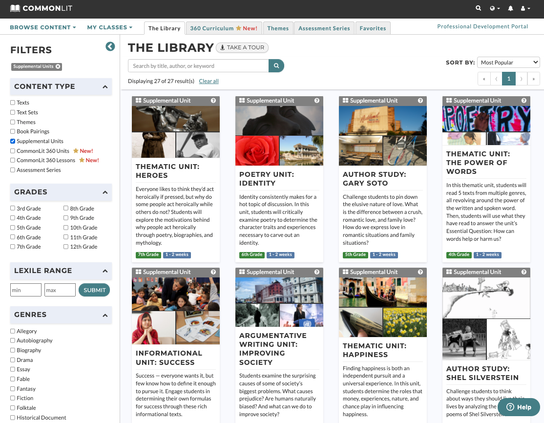 CommonLit's library filtered for supplemental units.