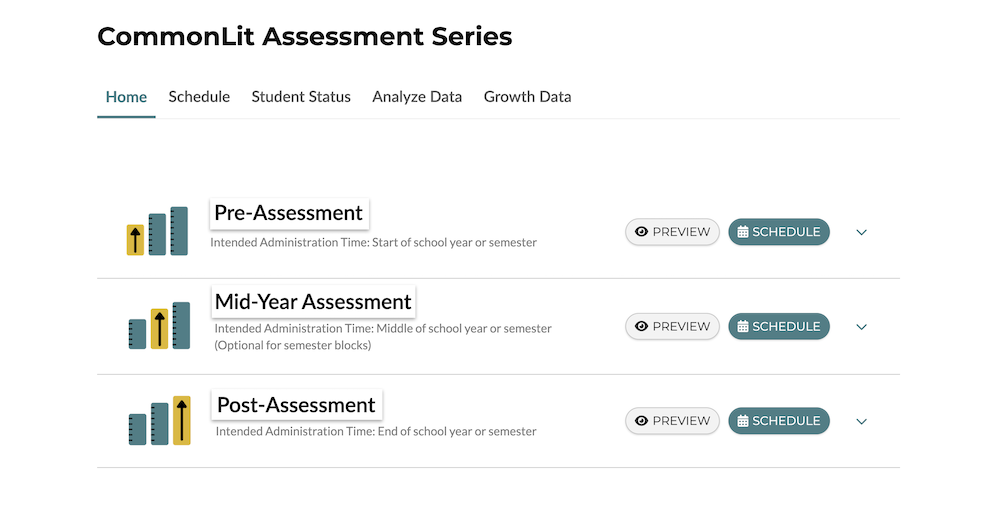 Una captura de pantalla de la serie de evaluaciones CommonLit que contiene una evaluación previa, una evaluación de mitad de año y una evaluación posterior