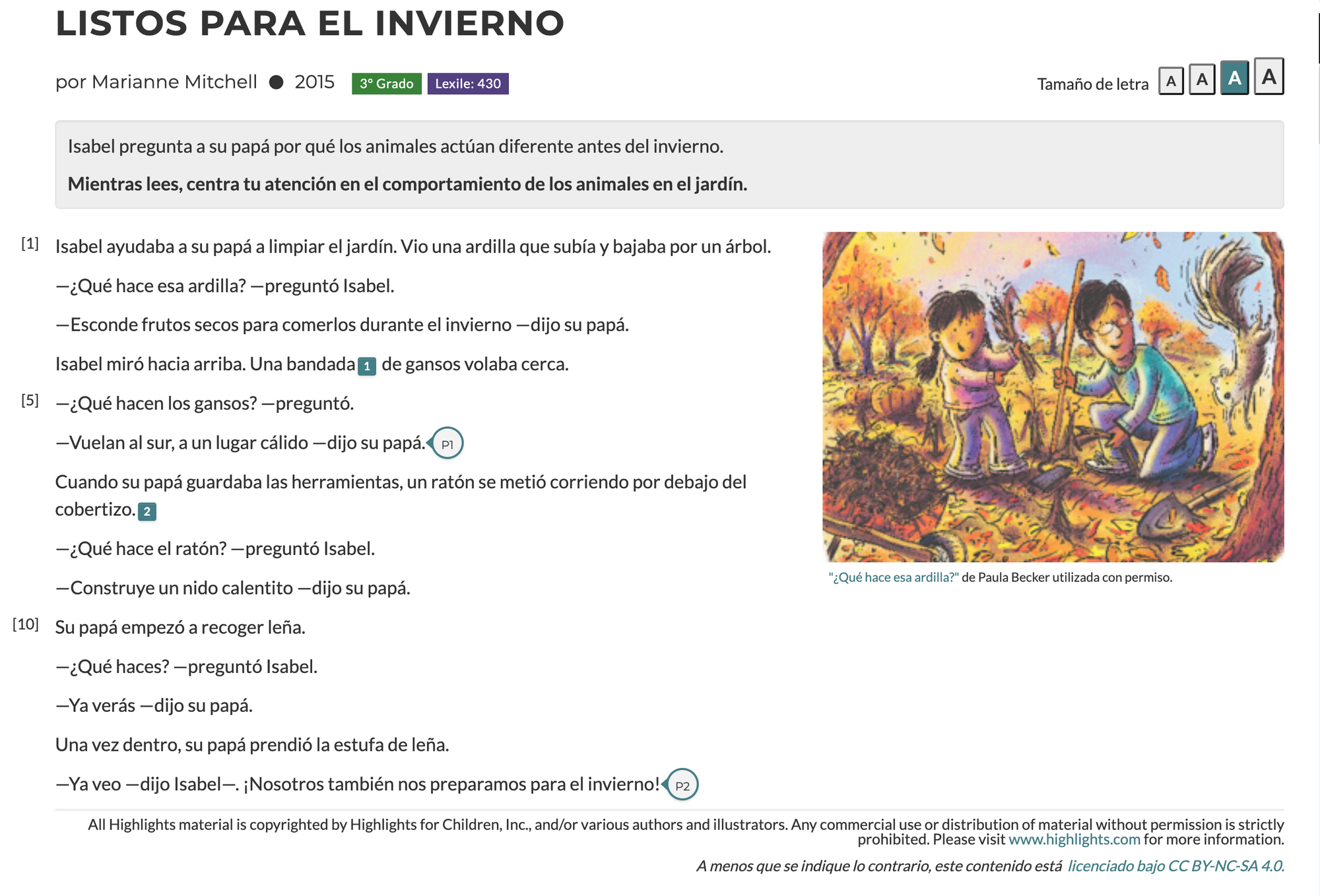 Foto de la pantalla del cuento "Listos para el inverno" de la biblioteca CommonLit