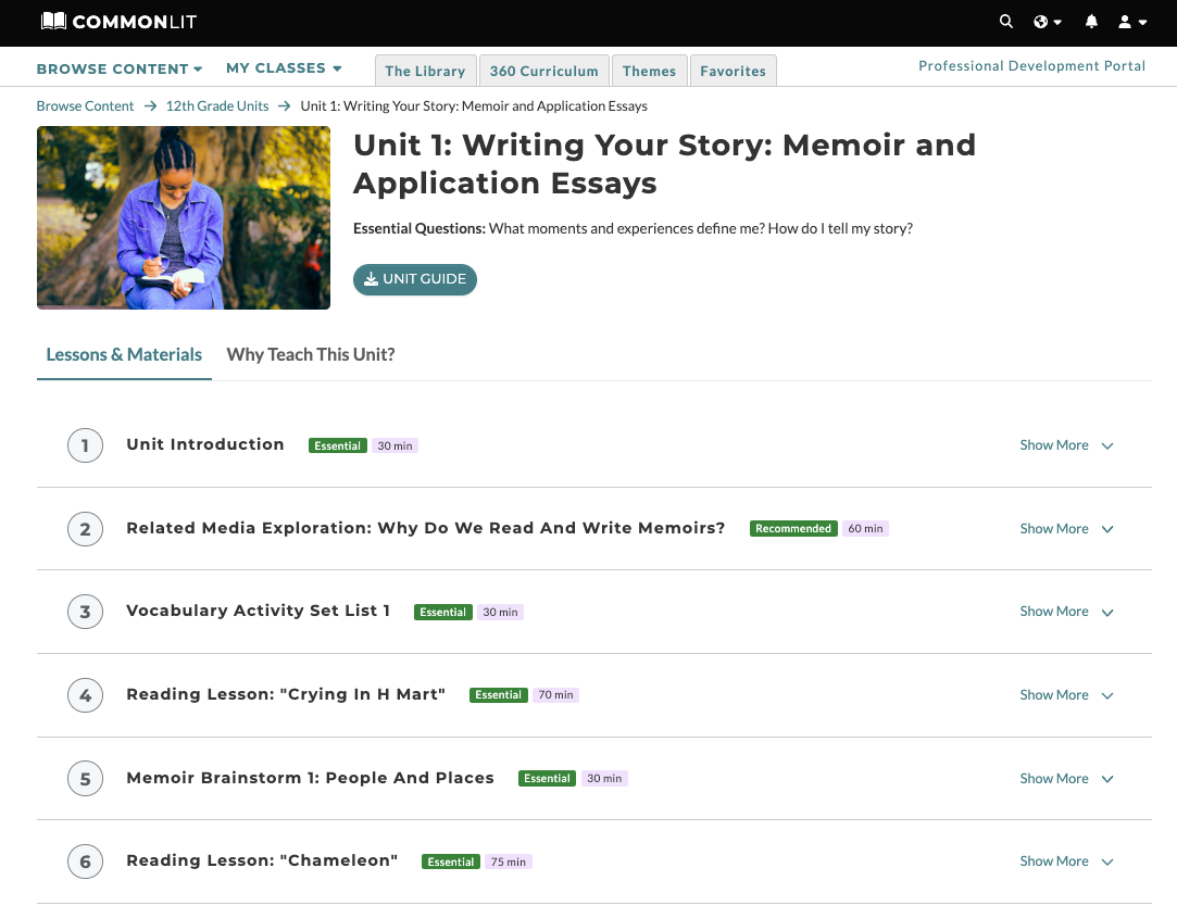 A screenshot of the lessons for 12th Grade Unit 1.