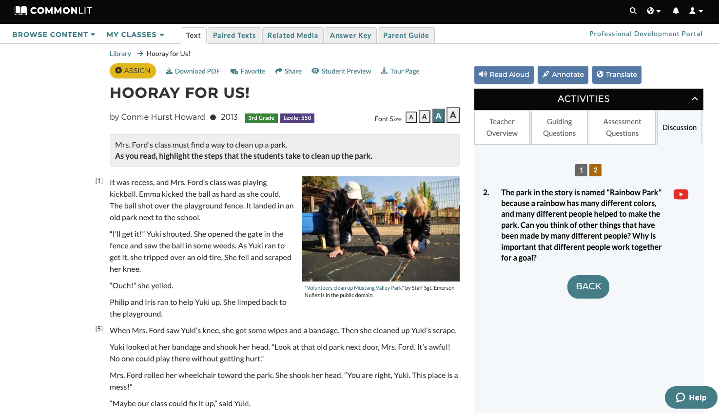 A screenshot of the discussion questions for the short story lesson "Hooray for Us!"