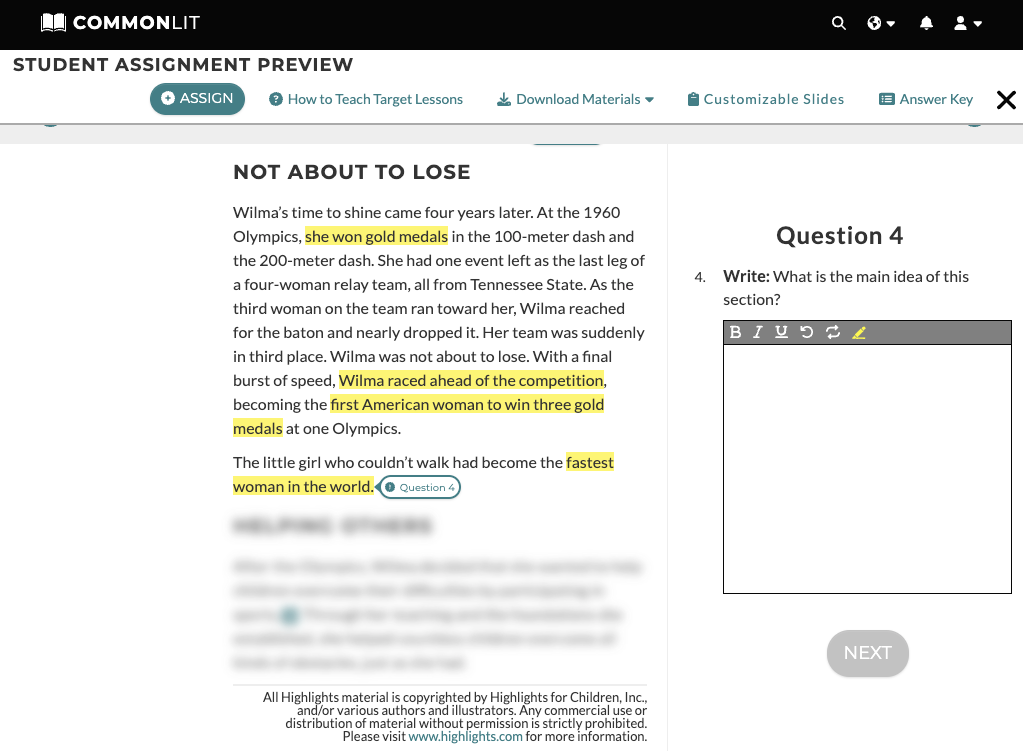 In this screenshot of a main idea, 5th grade lesson, the text "Not About to Lose" is on the left. Key details are highlighted in yellow using CommonLit's digital annotation tool. On the right, students are prompted to answer the question "What is the main idea of this section?" They can use their highlights to answer the question.