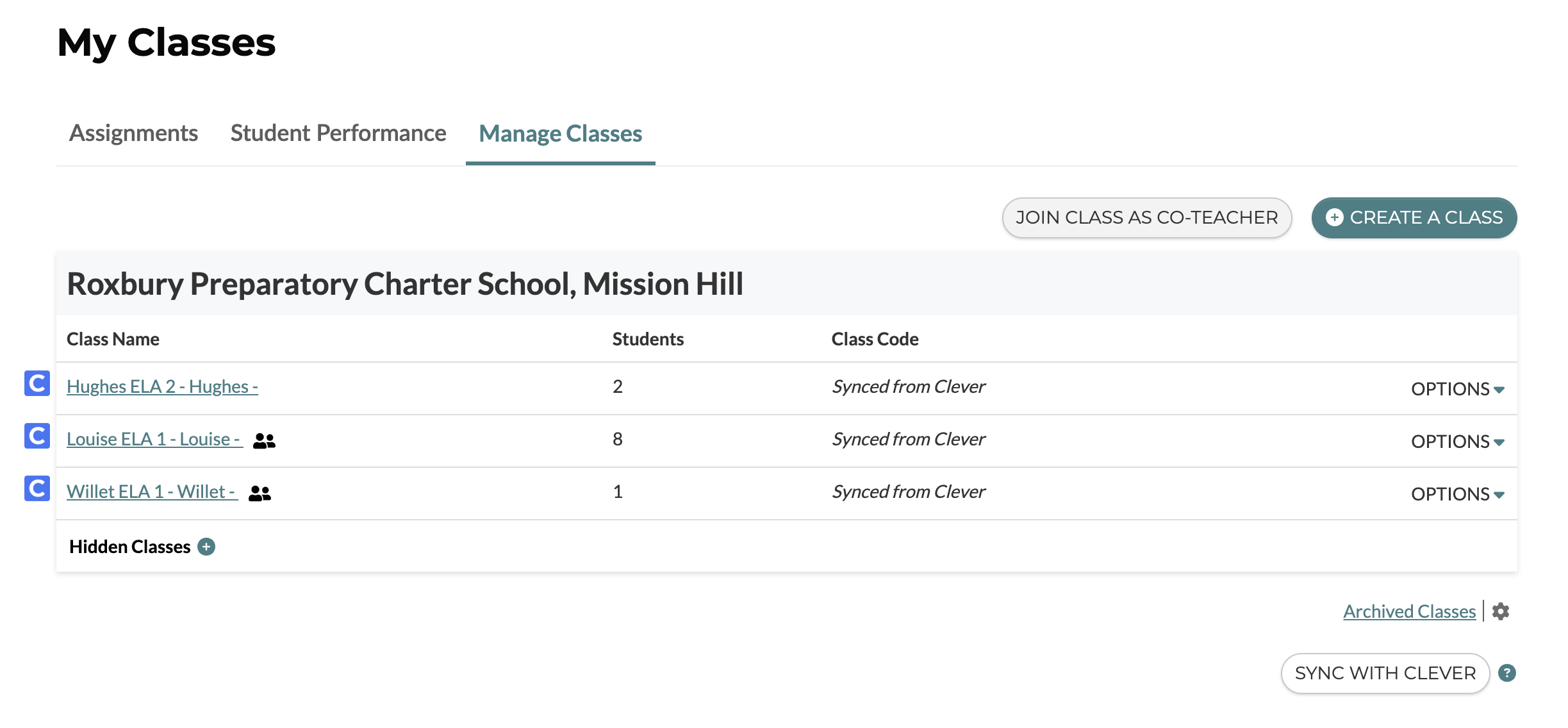 A screenshot showing the Manage Classes page on CommonLit, with the option to sync with Clever.