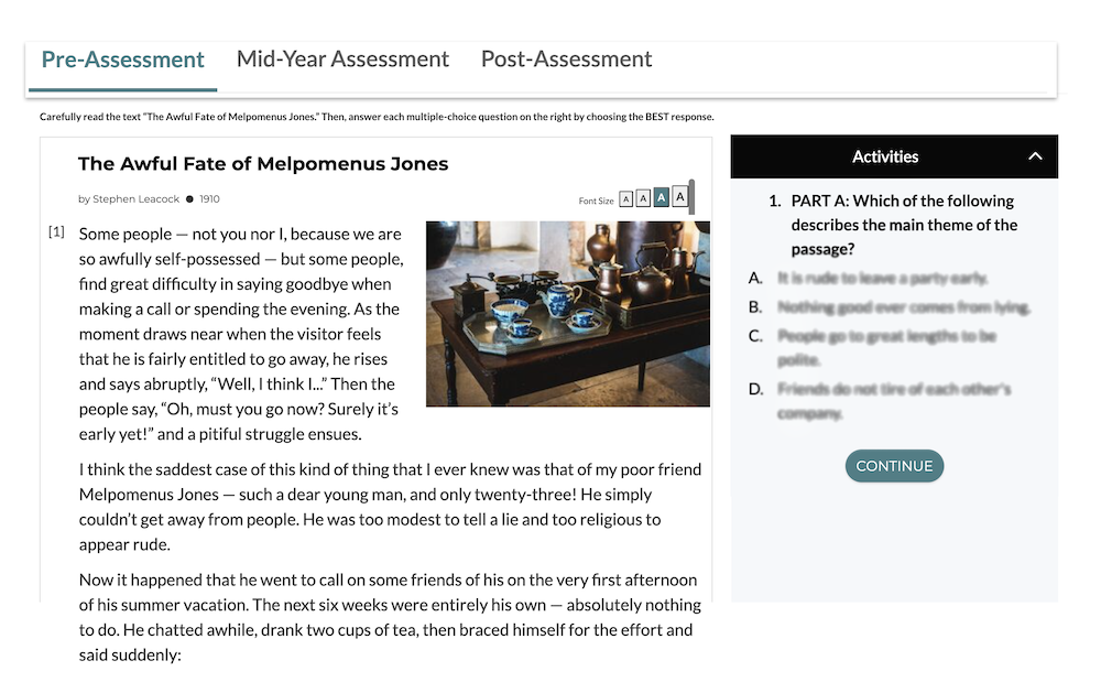 Una captura de pantalla que muestra un ejemplo de evaluación previa de CommonLit con actividades de los estudiantes. La actividad del estudiante que se muestra en la captura de pantalla es una pregunta sobre el texto.