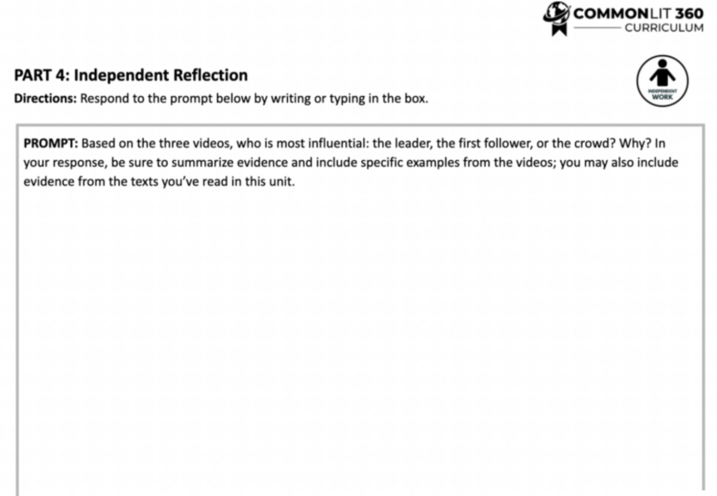 Screenshot of an Independent Reflection prompt