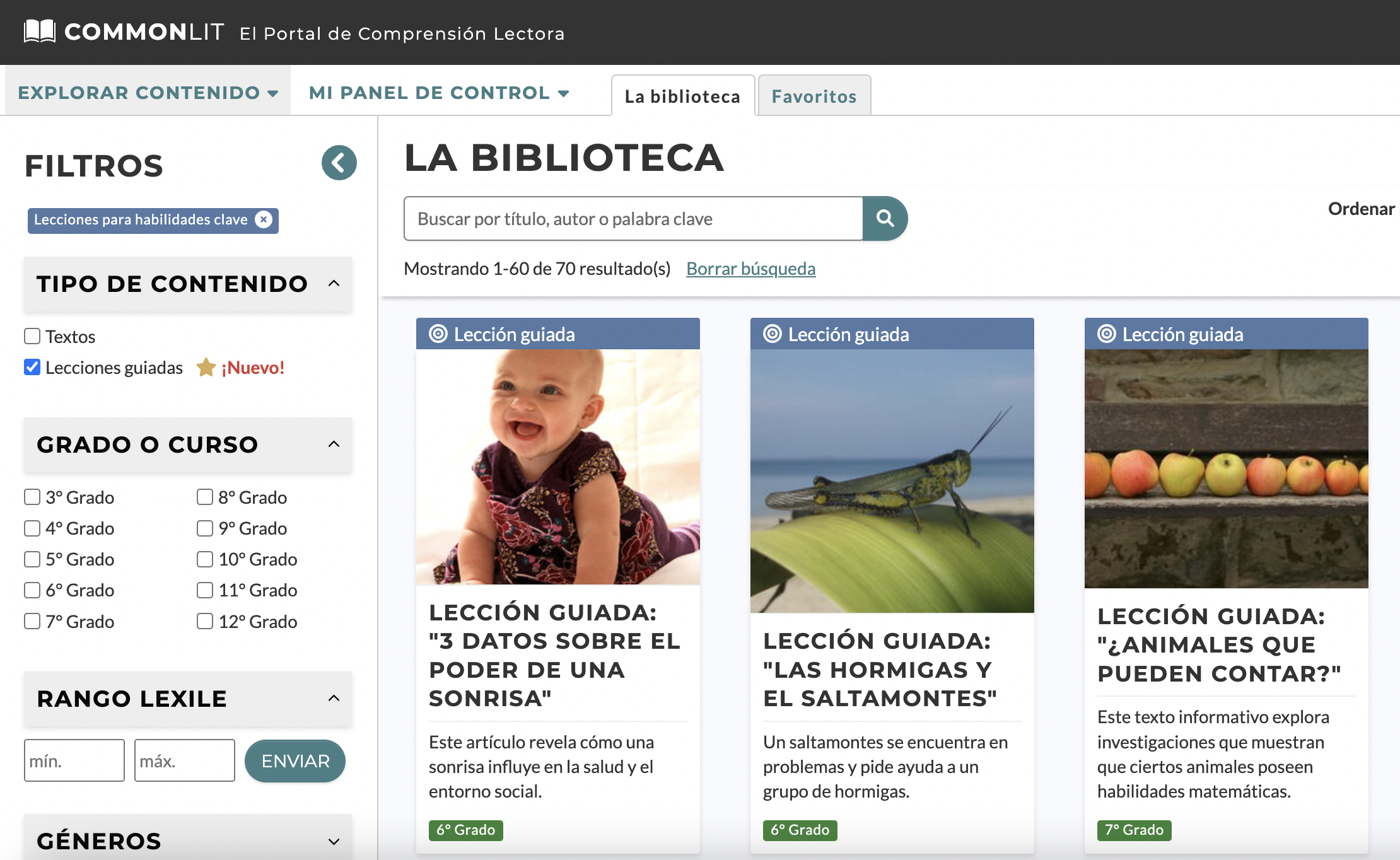 Página principal de la biblioteca CommonLit con el filtro "Lecciones guiadas"